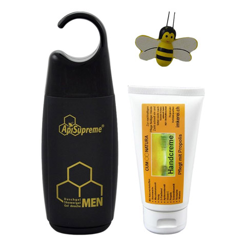 Geschenk mit Duschgel für Männer und Handcreme mit Propolis in transparenter Plastikverpackung
