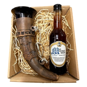 Geschenk bestehend aus Thors Hammer Tonhorn und Drakenbluod Met