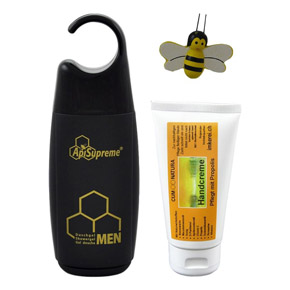 Geschenk mit Duschgel für Männer und Handcreme mit Propolis in transparenter Plastikverpackung