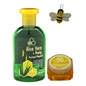 Gift with shower gel / care bath with aloe vera and honey and a lip balm with propolis