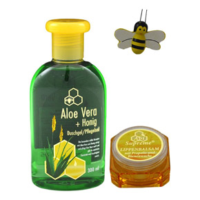 Geschenk mit Duschgel / Pflegebad mit Aloe Vera und Honig sowie einem Lippenbalsam mit Propolis