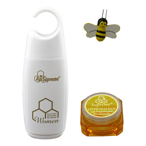 Geschenk mit Duschgel für Frauen und einem Lippenbalsam mit Propolis und Bienenwachs
